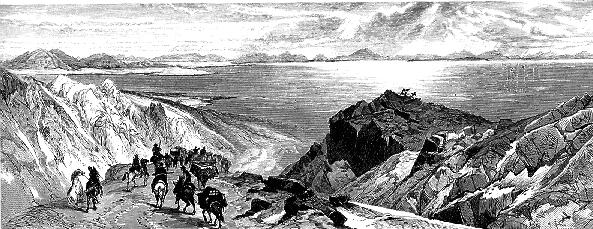 Drawing of pack train descending canyon