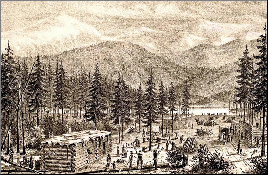 Drawing of cabins at the lake